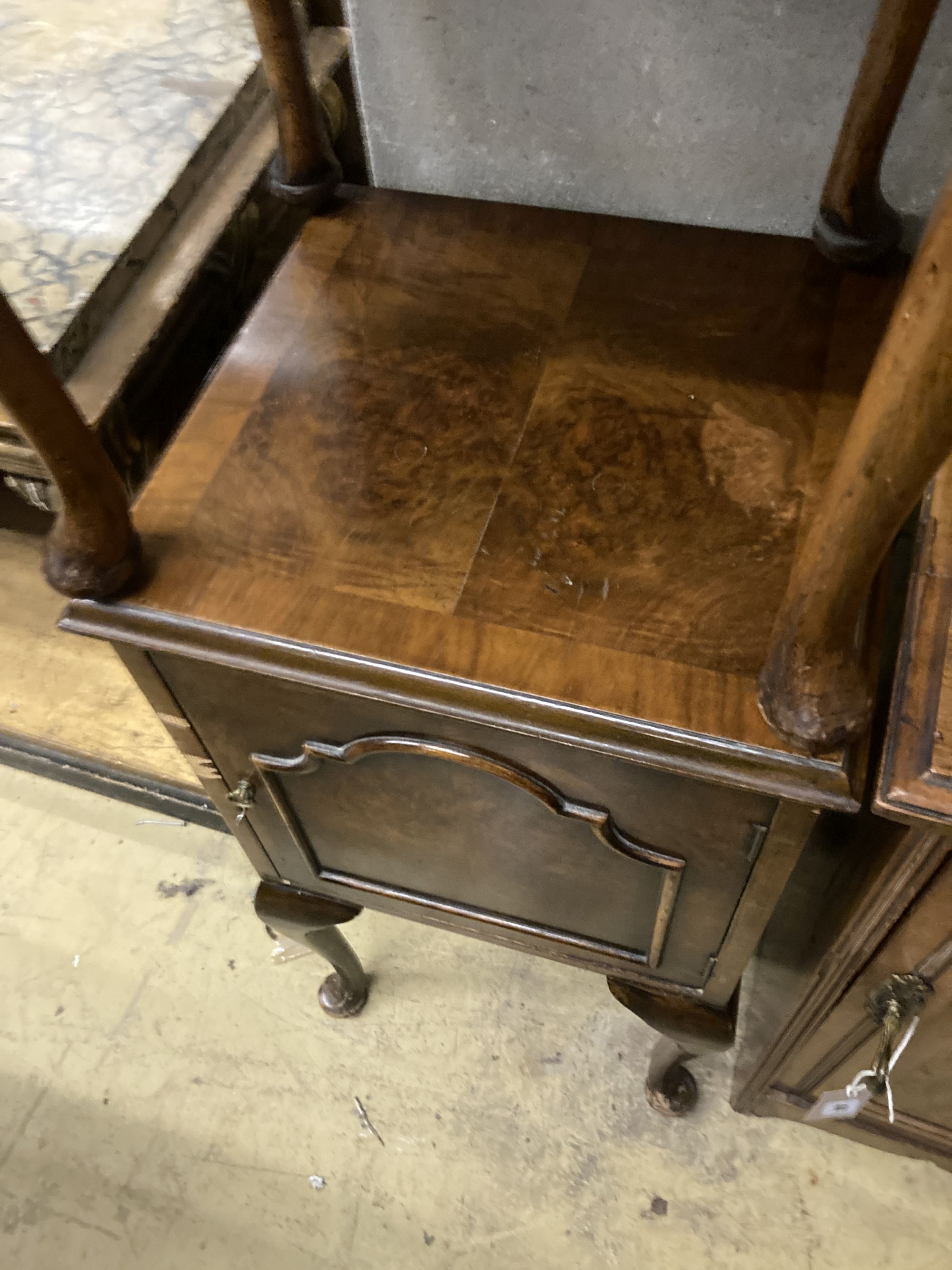 A late Victorian walnut bedside cabinet, width 40cm depth 36cm height 73cm, together with a pair of Queen Anne Revival walnut bedside c